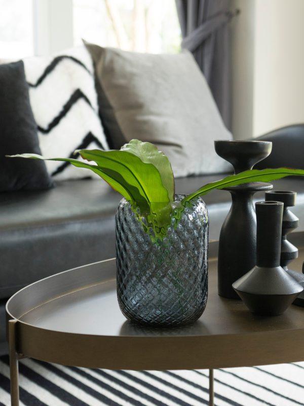 Black Modern Vase And Green Leaf On Center Table With Black And